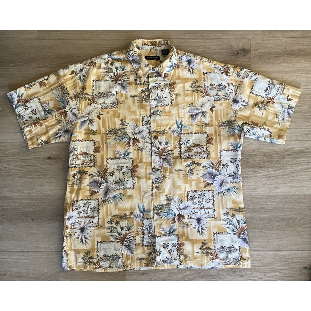 Pierre Cardin Mens Large Hawaiian Shirt Tropical Scenic 100% Cotton Multicolor